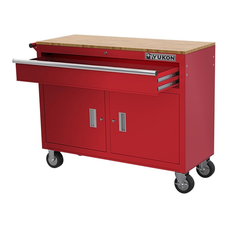 YUKON 46 in. Mobile Workbench with Solid Wood Top, Red