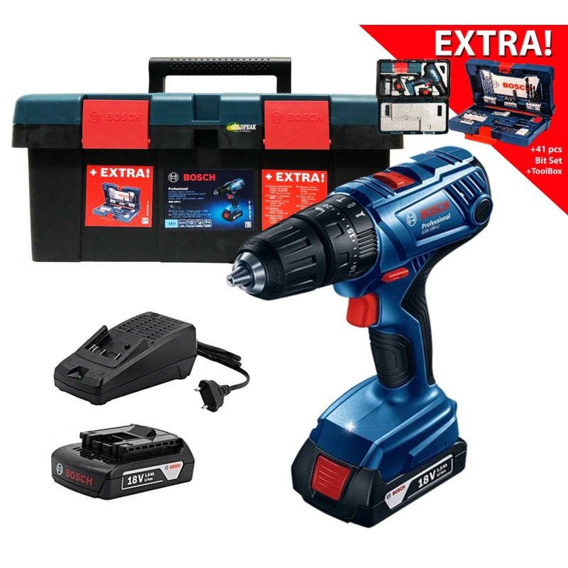 Bosch GSB 180-Li Cordless Hammer Drill + 41pcs Bit Set and Case