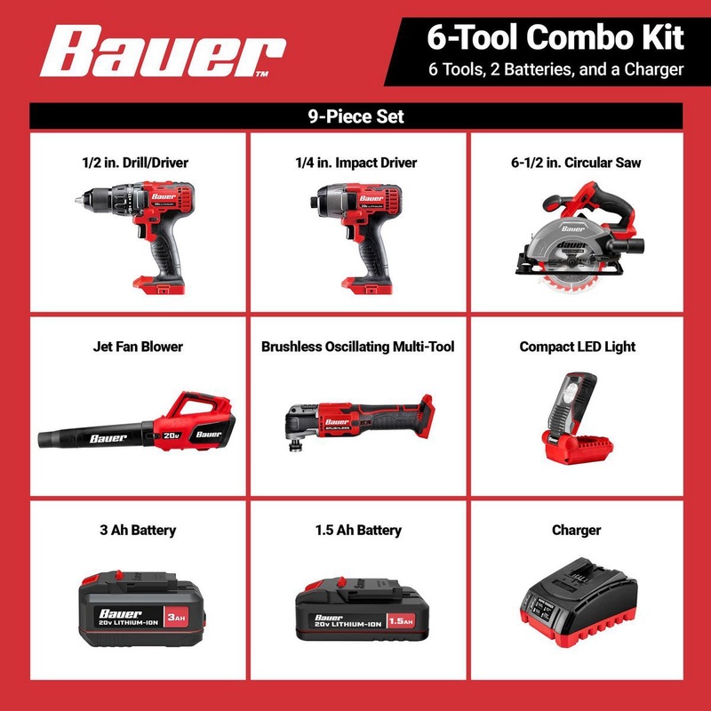 BAUER 20V Cordless, 6-Tool Combo Kit with 3 Ah Battery, 1.5 Ah Battery, and Charger