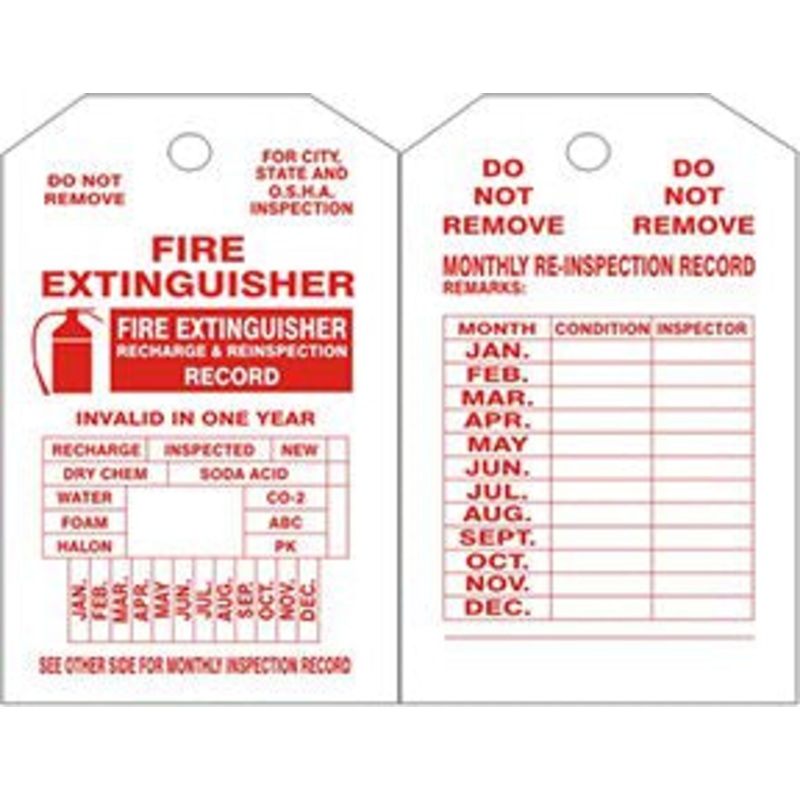 Fire Extinguisher Recharge & Reinspection Record Tag, Synthetic