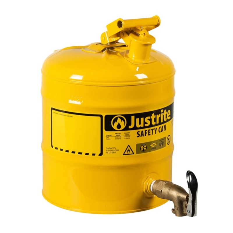 5 Gallon Steel Safety Can for Laboratories, Type I, Rigid Bottom Brass Faucet, Yellow – 7150250