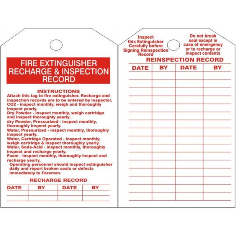 Fire Extinguisher Recharge & Inspection Record Tag, Rigid Vinyl