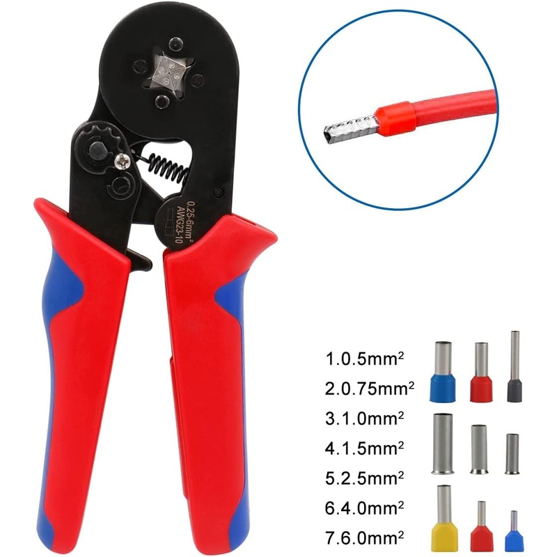 YTH Crimping Plier HSC8 6-46 Self-adjustable Crimping Tools for 0.25-6 mm AWG 23-10, Square Ferrule Wire Cable End-sleeves Red