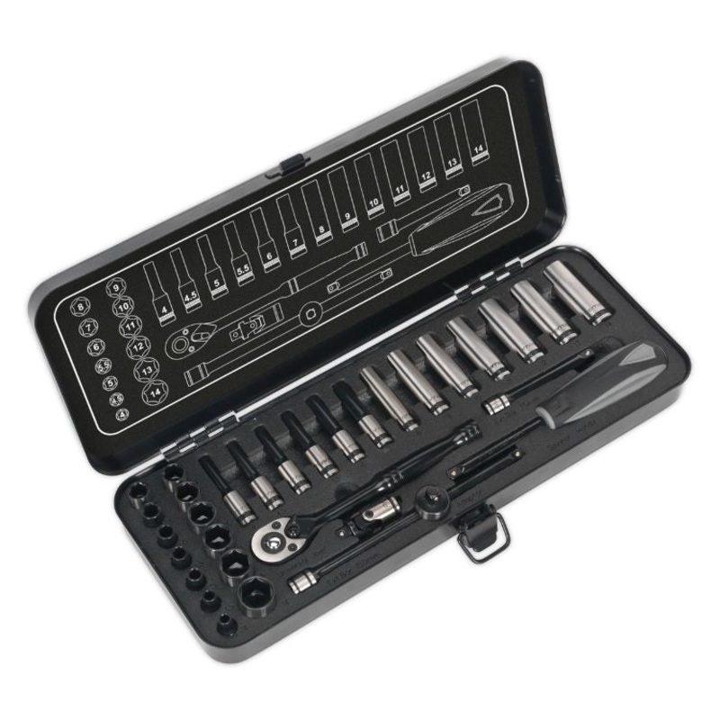 Sealey Socket Set 32pc 1/4″ Drive 6pt WallDrive Metric Black Series (Premier)