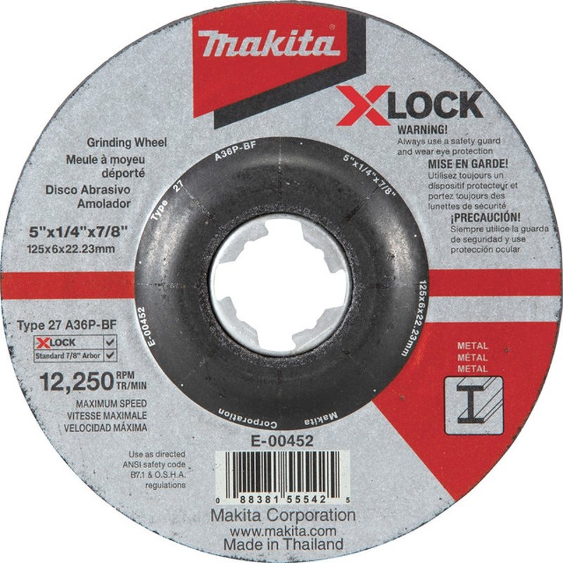X-LOCK 5″ x 1/4″ x 7/8″ Type 27 General Purpose 36 Grit Metal Abrasive Grinding Wheel By Makita E-00452
