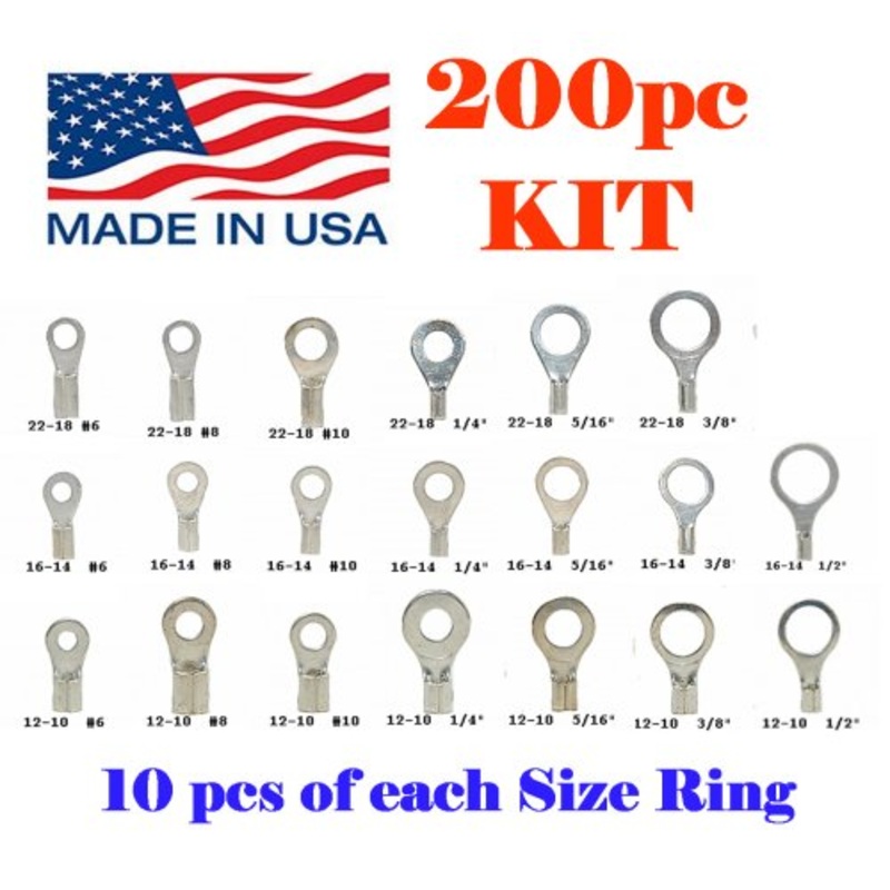 Non-Insulated Ring Terminal Assortment Kit – 22-10 AWG – 200 Pieces