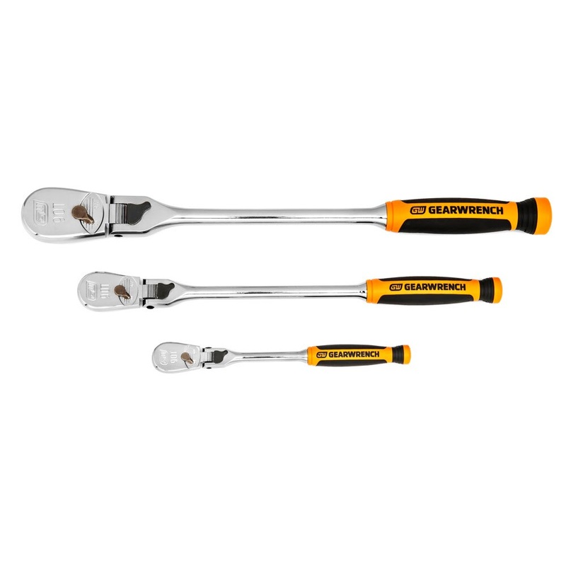 GearWrench 81298T 3 Pc. 1/4″, 3/8″ & 1/2″ Drive 90-Tooth Dual Material Locking Flex Head Ratchet Set