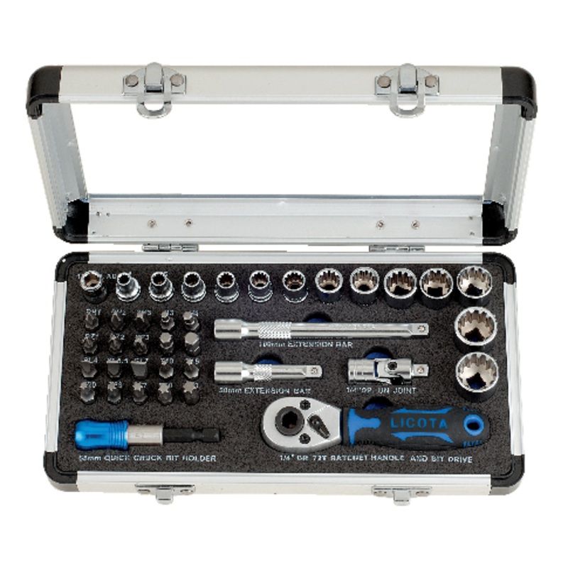 LICOTA MADE IN TAIWAN 39PCS 1/4″ DR. SPLINE SOCKET WRENCH & BIT SET ALUMINUM CASE