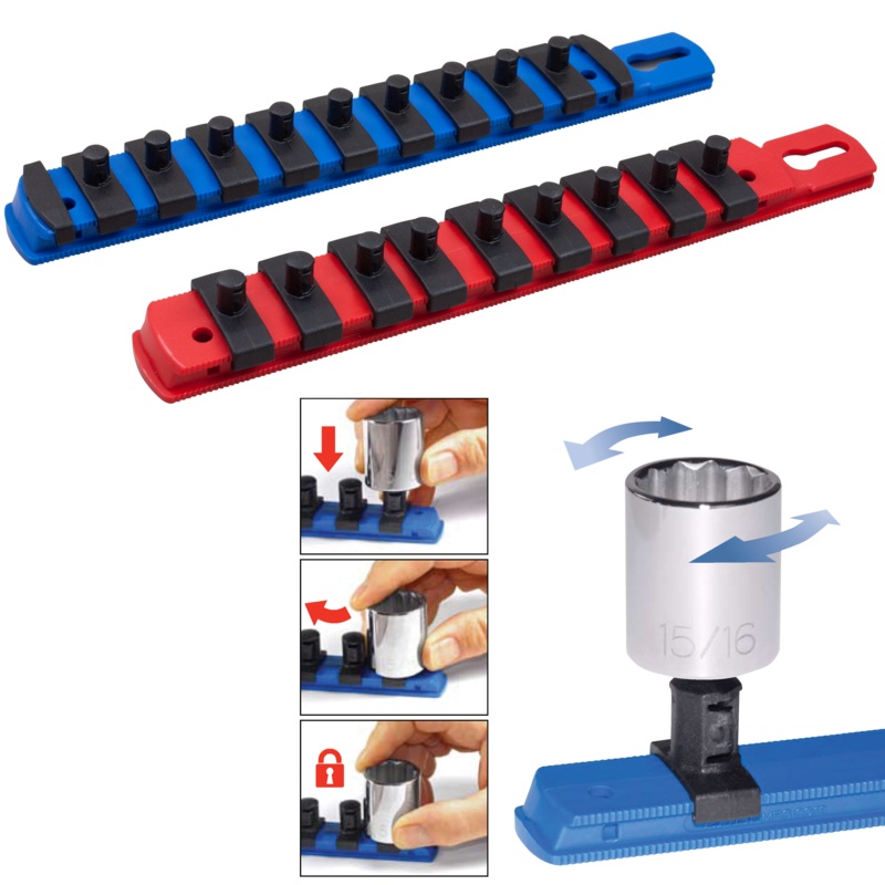Twist Lock Socket Organizers 1/4″ Dr., Blue Rail, 8″ Long, 9 Clips