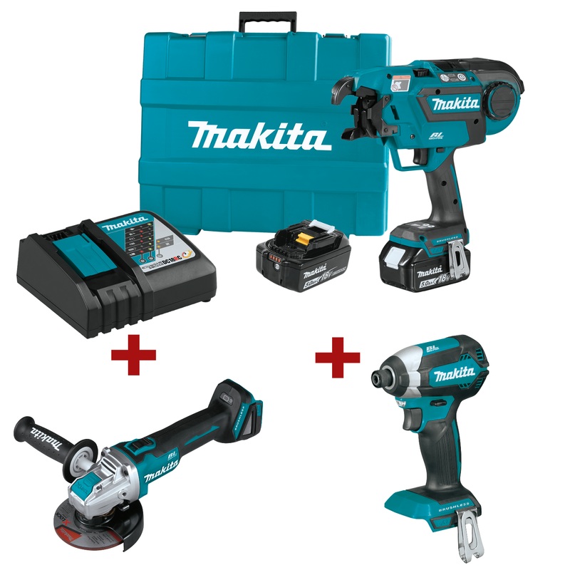 Makita XRT01TK 18V LXT Lithium-ion Cordless Rebar Tying Tool Kit (5.0Ah) Plus XDT13Z and XAG25Z